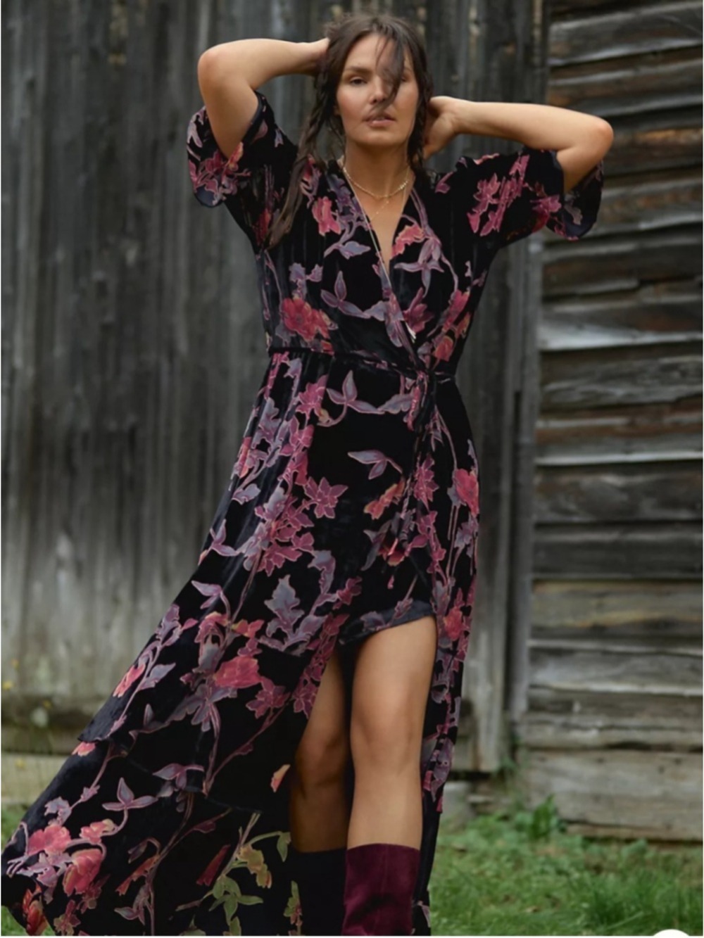 Hutch Black Floral Velvet Burnout Wrap Maxi Dress Sz S Whimsical Romantic Fairy